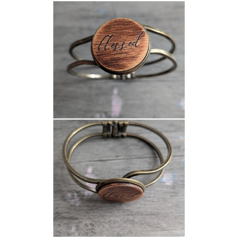 Blessed Engraved Wood Medallion Antique Brass Cuff Bracelet Hinged Bangle